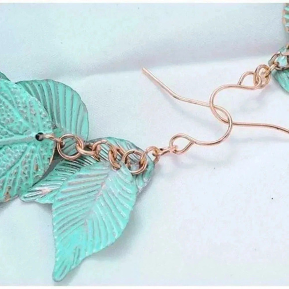Verdigris Patina Leaves Handmade Dangle Earrings - Picture 4 of 5